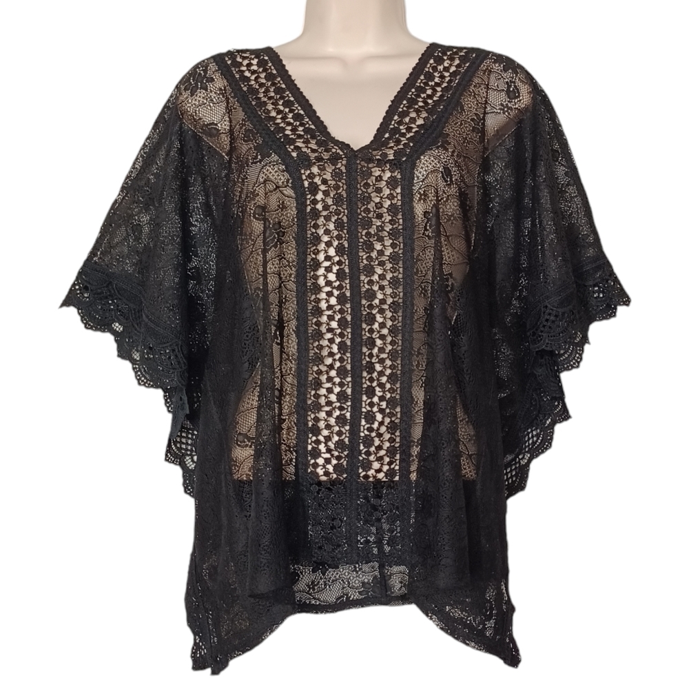 CANDIE'S Black Floral Lace V Neck Bat Flowy Sleeve Top Medium
